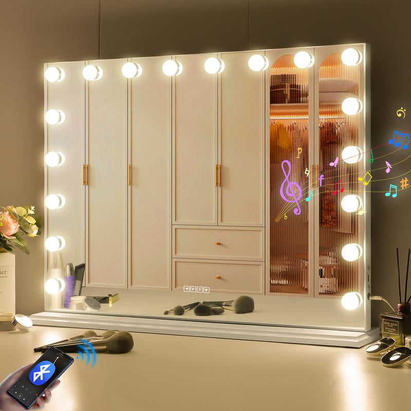 VANITII Hollywood Makeup Vanity Mirro R31.49''×22.83'' Bluetooth Wall Mount Smart Control 10X Magnifying Glass with 18 LED Bulbs 3 Light Colors