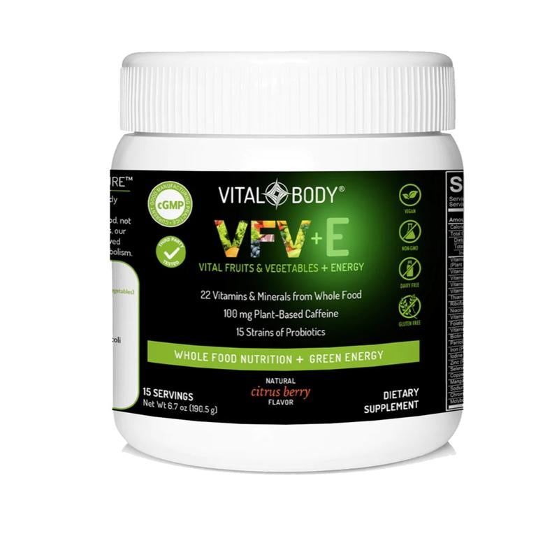 VITAL BODY Vital Fruits & Vegetables + Energy VFV +E - RDA Vitamins & Minerals from Whole Foods, Fruits and Vegetables with 100 Mg Plant-Based Caffeine and Green Energy Stack, Pre & Probiotics, Plant-Based Enzymes, NON-GMO Powder (15 Servings)