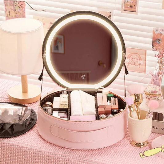 Illuminate Your Beauty: Stylish Round Smart LED Makeup Bag with Mirror and Large Capacity for Travel