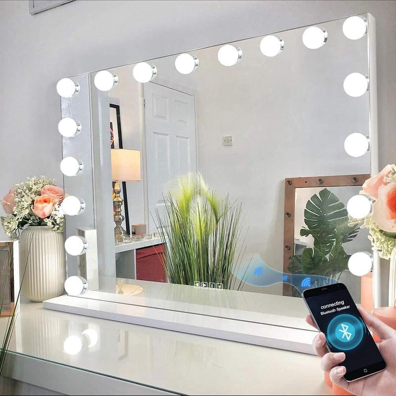 VANITII Hollywood Makeup Vanity Mirro R31.49''×22.83'' Bluetooth Wall Mount Smart Control 10X Magnifying Glass with 18 LED Bulbs 3 Light Colors