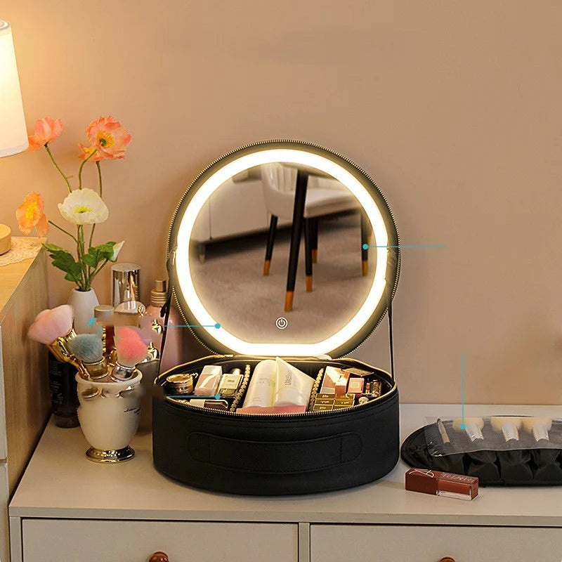 Illuminate Your Beauty: Stylish Round Smart LED Makeup Bag with Mirror and Large Capacity for Travel