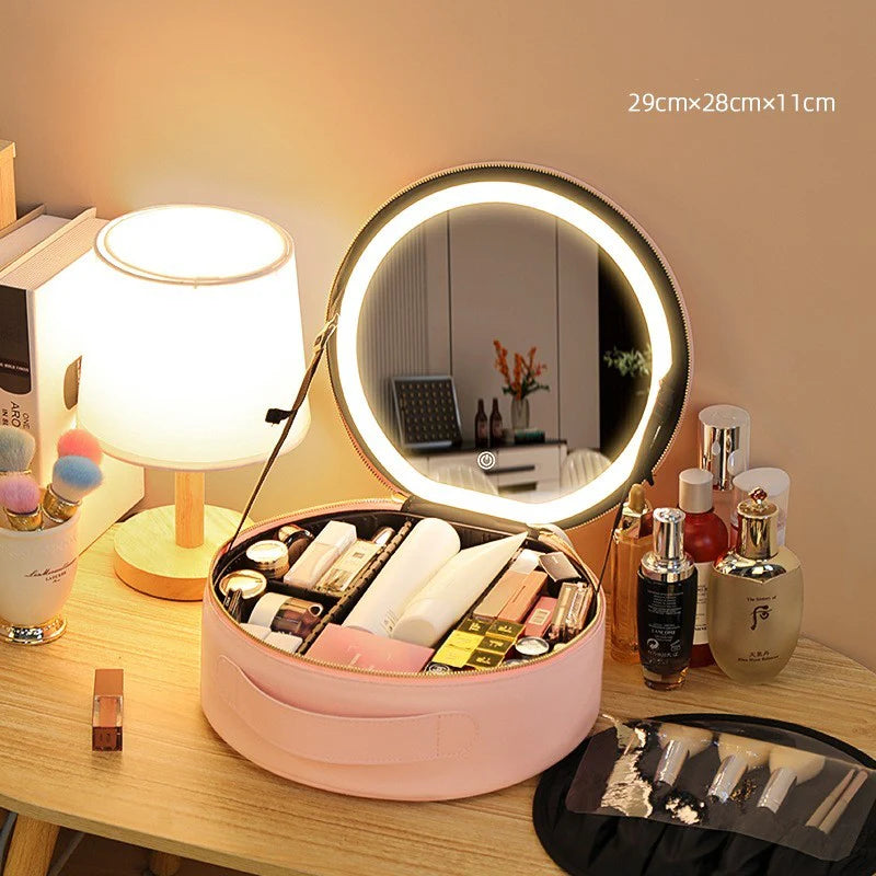 Illuminate Your Beauty: Stylish Round Smart LED Makeup Bag with Mirror and Large Capacity for Travel