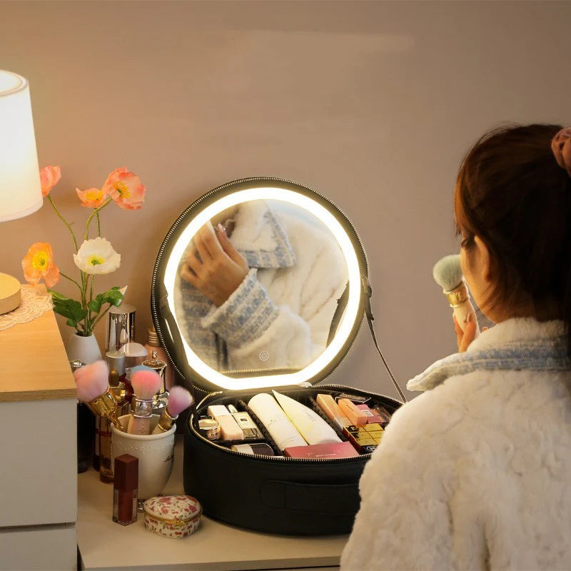 Illuminate Your Beauty: Stylish Round Smart LED Makeup Bag with Mirror and Large Capacity for Travel