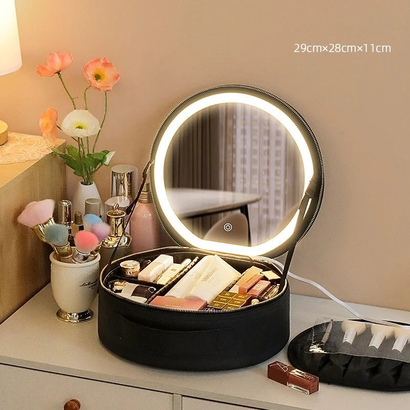 Illuminate Your Beauty: Stylish Round Smart LED Makeup Bag with Mirror and Large Capacity for Travel